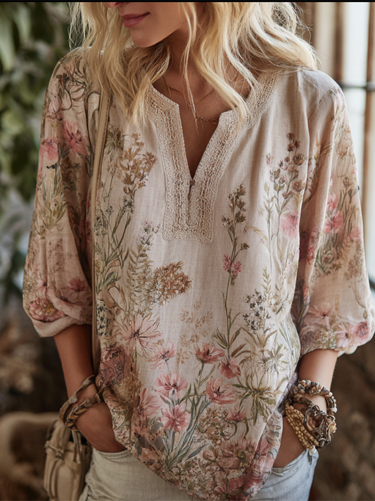 Retro Cotton and Linen Plant Flower Bohemian Style V-Neck Top