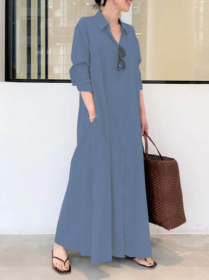 Solid Color Casual Loose Elegant V-Neck Cotton and Linen Pocket Shirt Dress