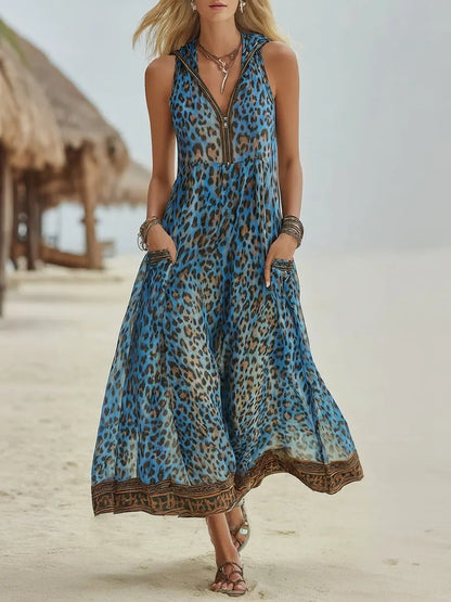 Retro Casual Green Leopard Print Art Hooded Midi Dress