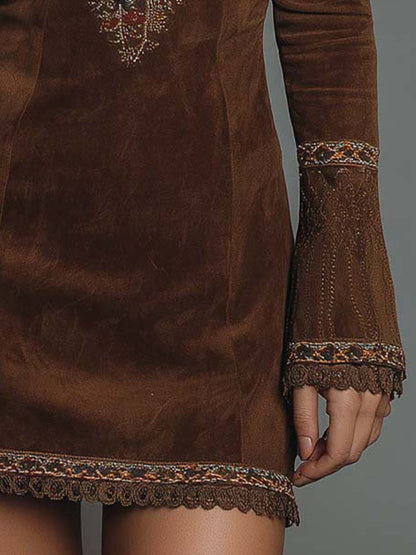 Vintage Brown Suede Mini Dress with Embroidered Detailing