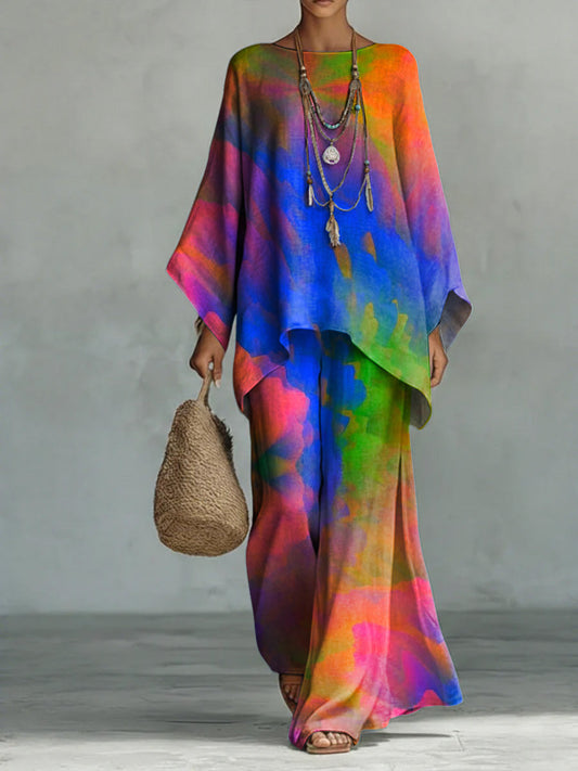 Colorful Gradient Decorative Pattern Casual Long-Sleeve Cotton Linen Top and Pants