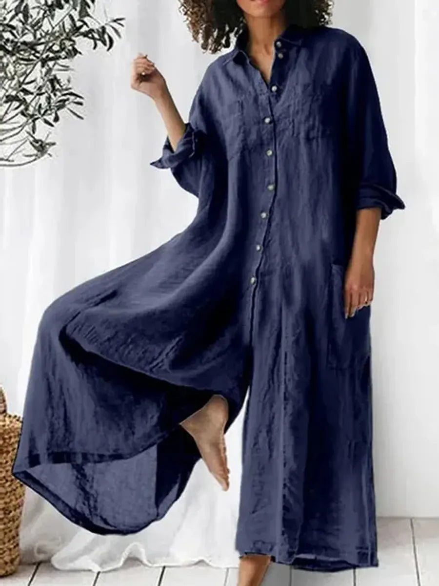 Solid Color Art Casual Long-Sleeve Cotton Linen Jumpsuit