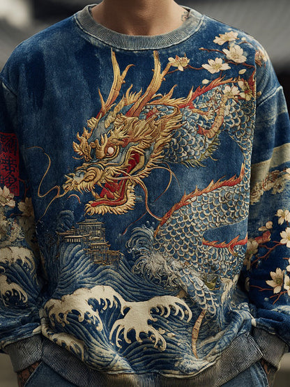Men's Japanese Wave and Dragon Embossed Art Sweatshirt