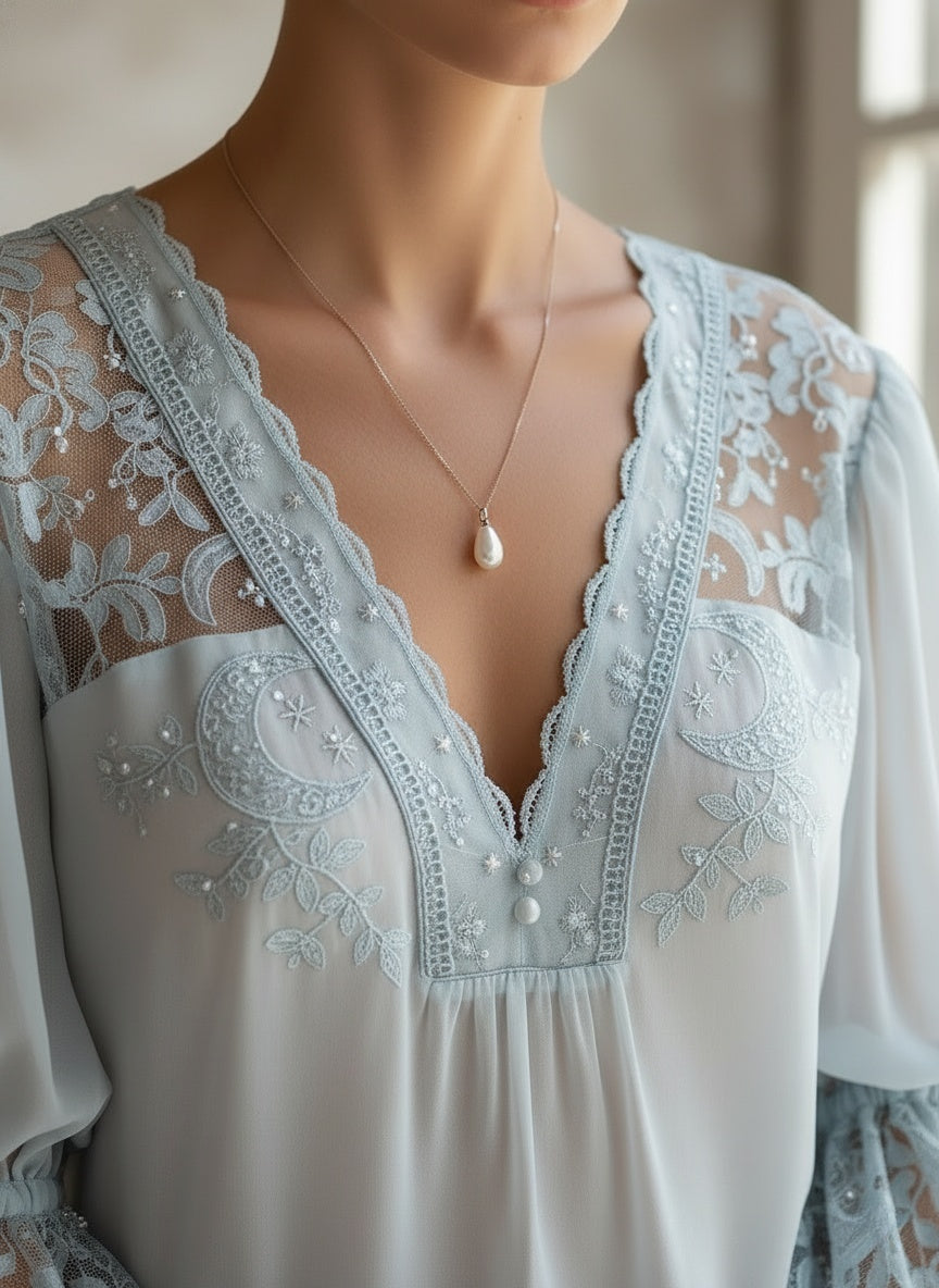 Elegant Powder Blue Lace and Chiffon Blouse with Bell Sleeves