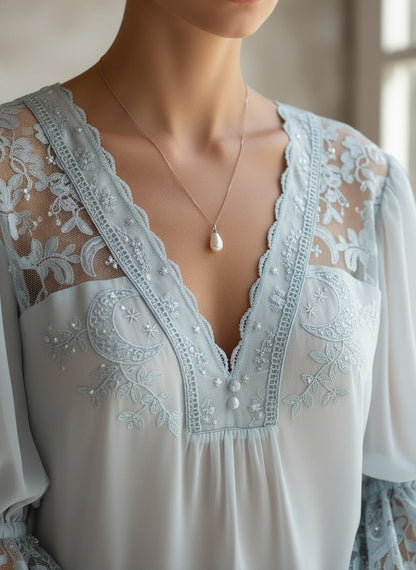 Elegant Powder Blue Lace and Chiffon Blouse with Bell Sleeves