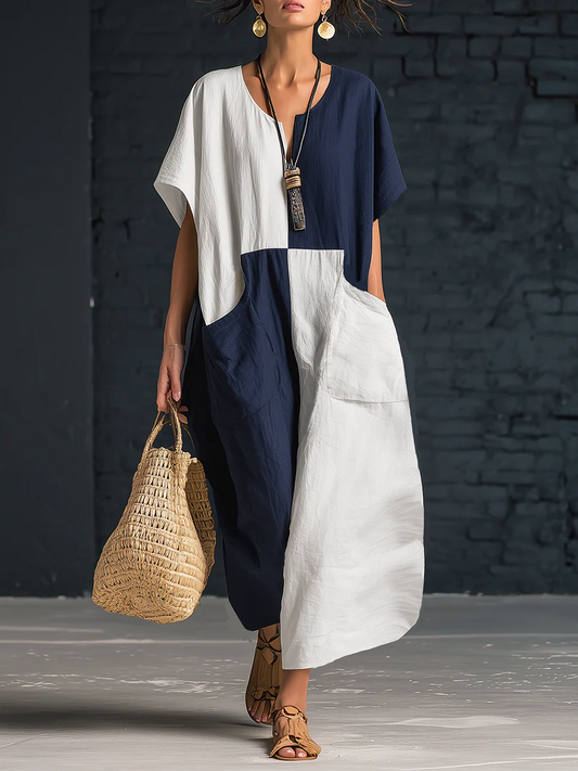 Stylish Color-Blocked Loose-Fitting Linen-Cotton Midi Dress