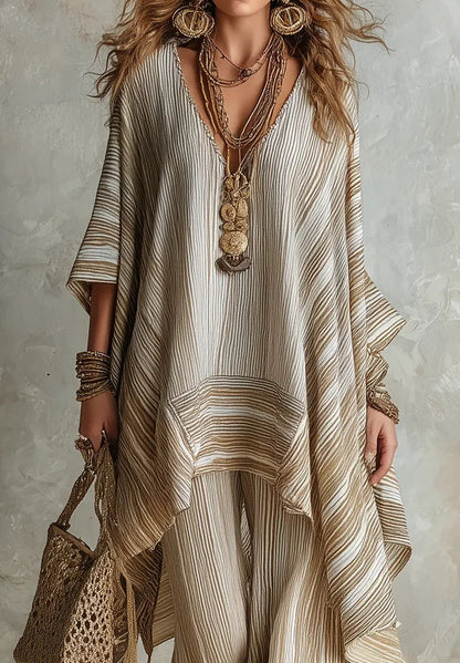 Chic Striped Casual Stylish Cotton Linen Top and Pants Set