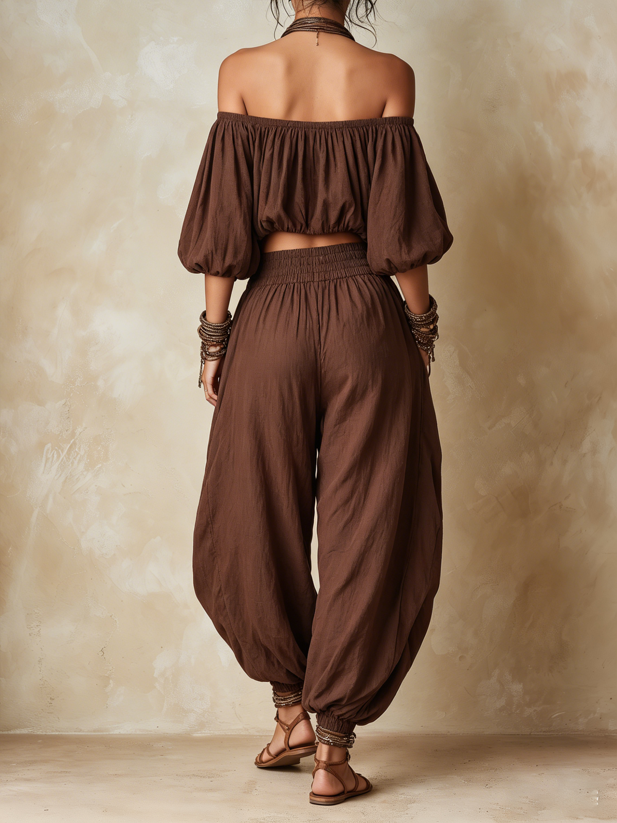 Bohemian Off-Shoulder Crop Top and Harem Pants Two-Piece Set