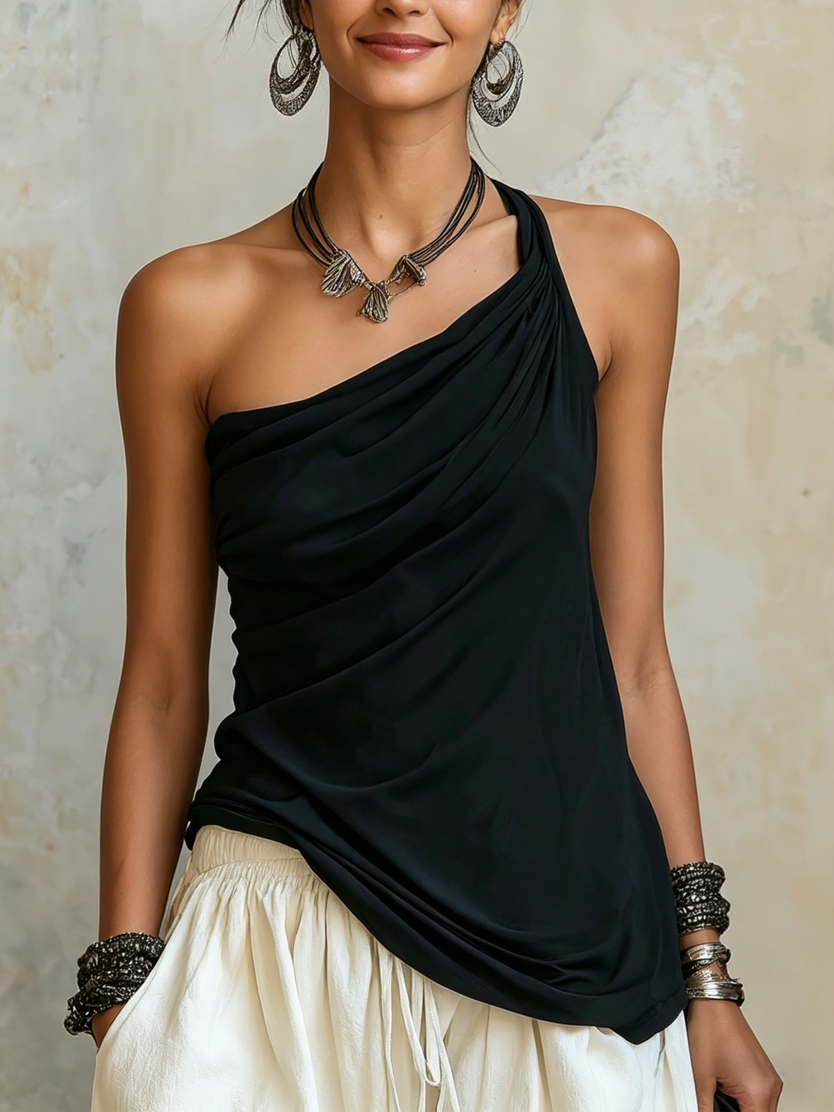 Asymmetrical Ruched One-Shoulder Top and Harem Pants Two-Piece Set