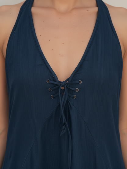 Navy Halter Neck Tiered Ruffle Midi Dress with Lace-Up Front