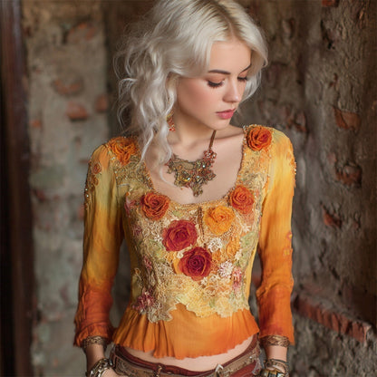 Autumn Floral Vintage Lace Patchwork Art Long-Sleeve Top