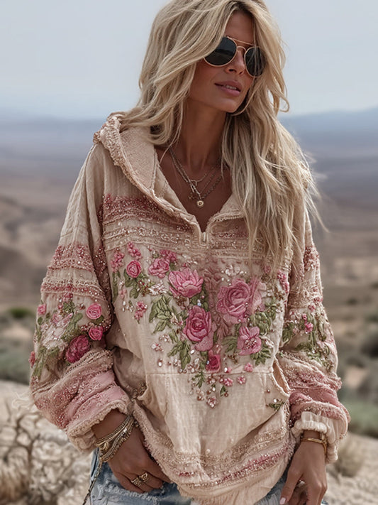 Vintage Rose Floral Art Casual Half Zip Sweatshirt