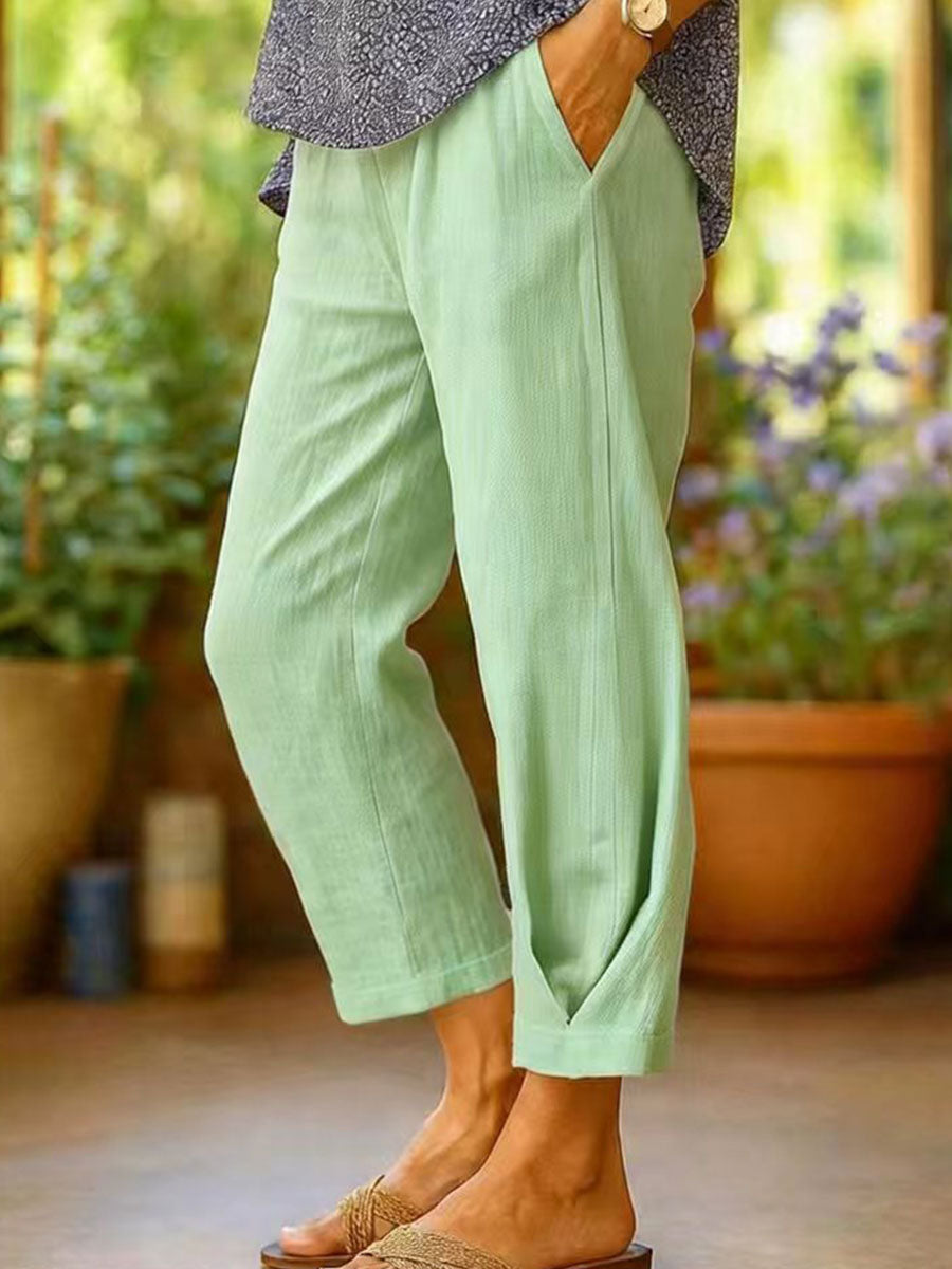 Cotton-Linen Solid Color Elastic Waist Pockets Straight Leg Loose-Fit Casual Trousers