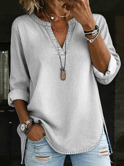 Denim V-Neck Henley Long-Sleeved Shirt