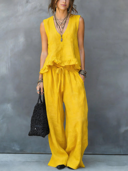 V-Neck Sleeveless Casual Loose Cotton Top with Elastic Waist and Wide-Leg Pants Cotton Linen Set