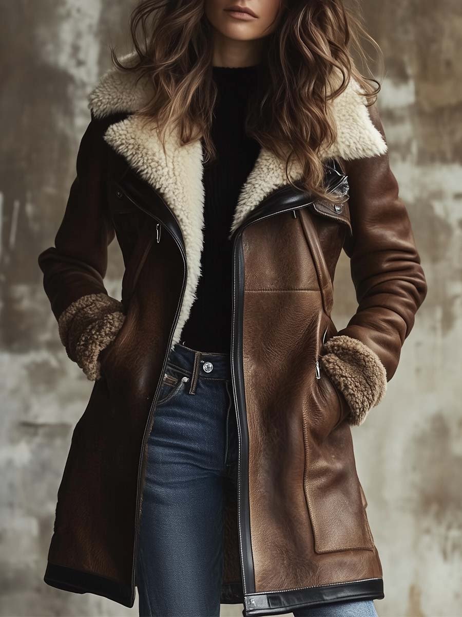 Vintage Contrast Lambskin Collar Faux Leather Coat