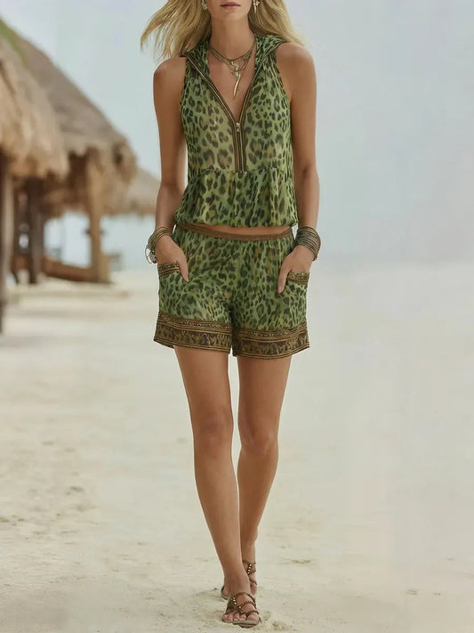 Retro Leopard Art Print Hooded Casual Top and Pants Suits