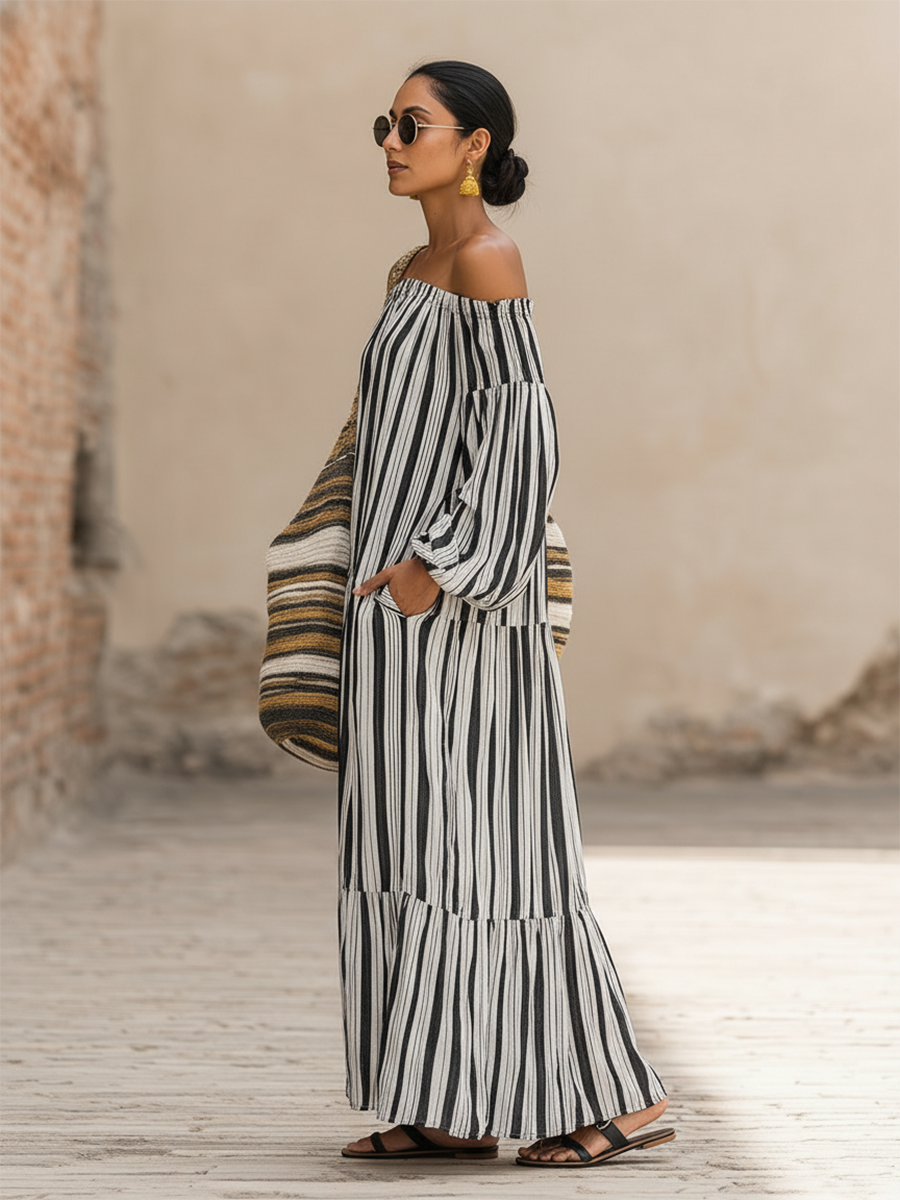 Casual Vacation Off-the-Shoulder Striped Linen Dress