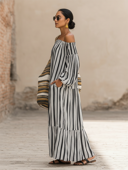 Casual Vacation Off-the-Shoulder Striped Linen Dress