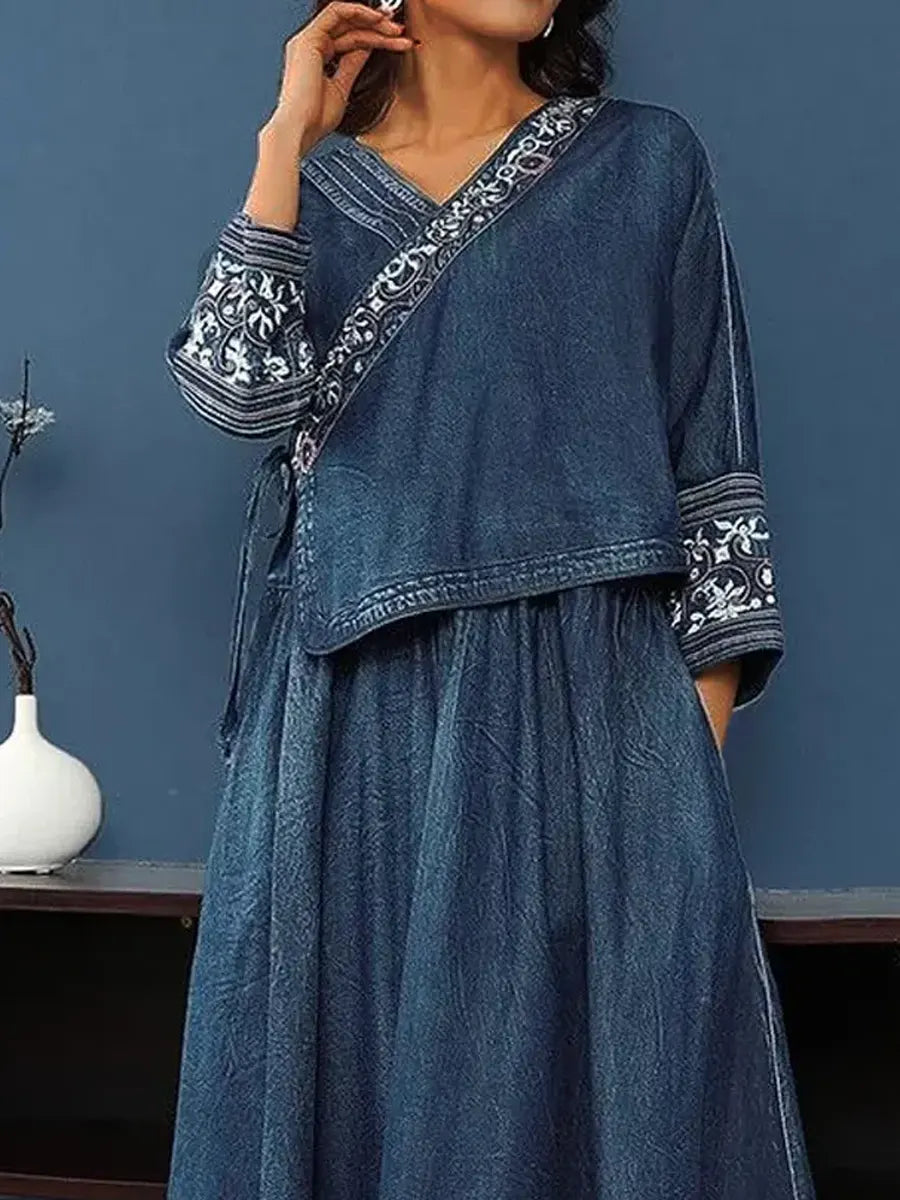 Retro Ethnic Art Casual V-Neck Denim Top and Skirt Set