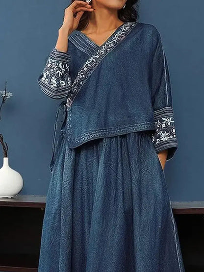 Retro Ethnic Art Casual V-Neck Denim Top and Skirt Set