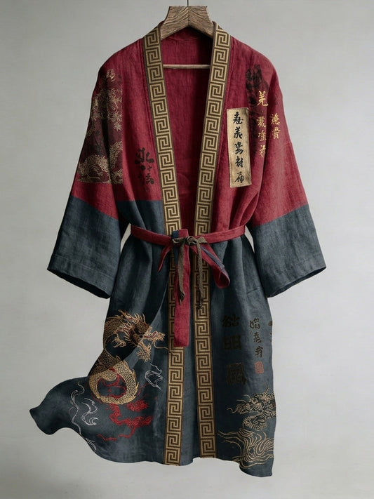 Japanese Calligraphy and Dragon Art Combined in a Linen Blend Kimono