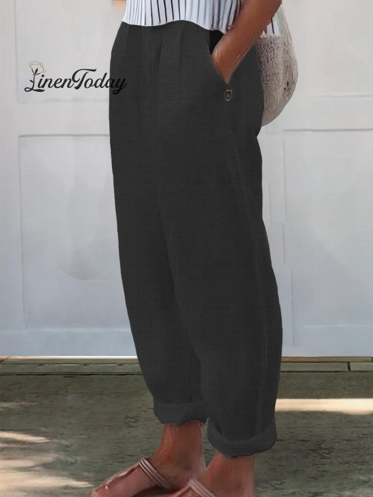 Printed Cotton and Linen Casual Pants