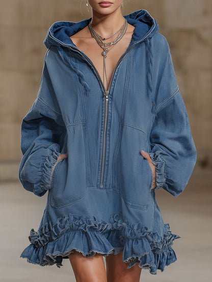 Double-Pocket Ruffled Hooded Long-Sleeved Denim Mini Dress