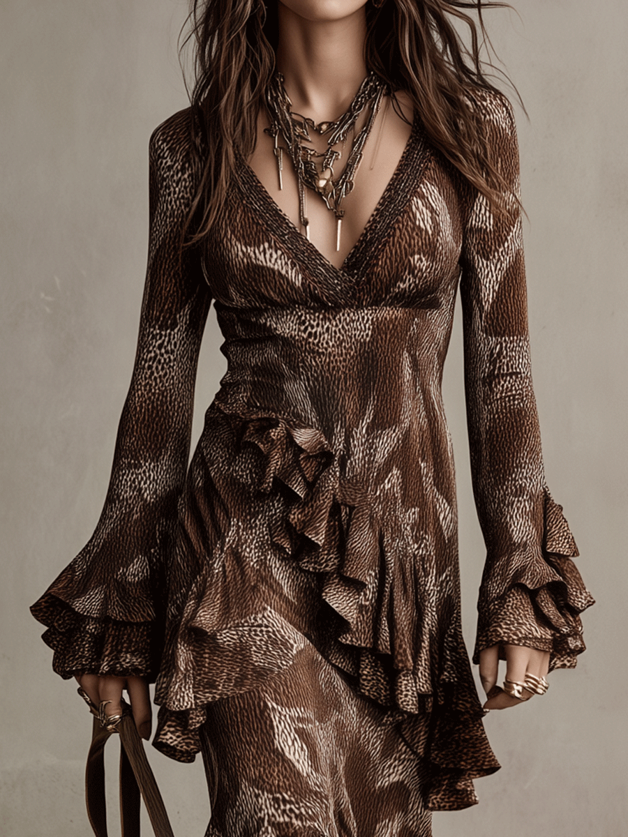 Vintage Brown Flounce Long-Sleeve Gown Maxi Dress