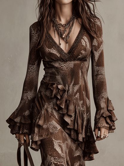 Vintage Brown Flounce Long-Sleeve Gown Maxi Dress