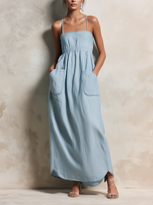 Light Blue Tencel Denim Spaghetti Strap Maxi Dress with Pockets