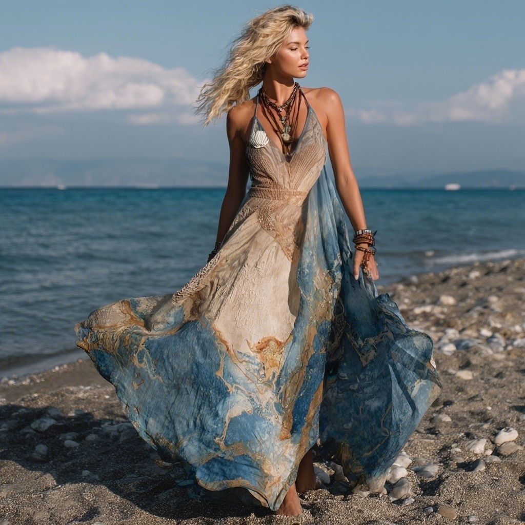 Vintage Marble Texture Collection Retro Bohemia Inspired by the Ocean Pattern Linen Maxi Dress