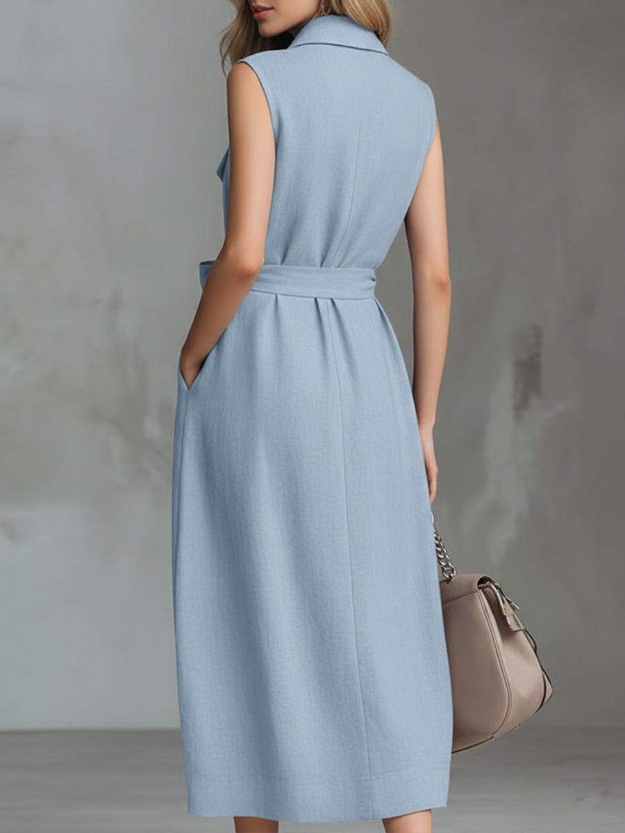 Solid Color Lapel Sleeveless Casual Loose Cotton and Linen Dress