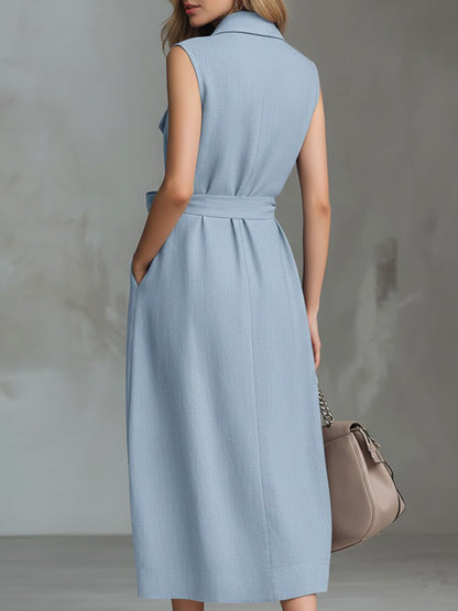 Solid Color Lapel Sleeveless Casual Loose Cotton and Linen Dress