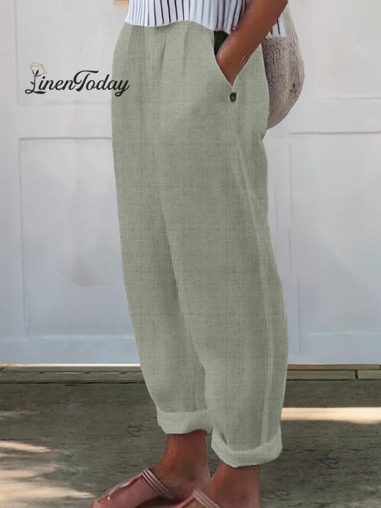 Printed Cotton and Linen Casual Pants