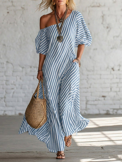 Elegant and Classic Striped Off-Shoulder Maxi Dress
