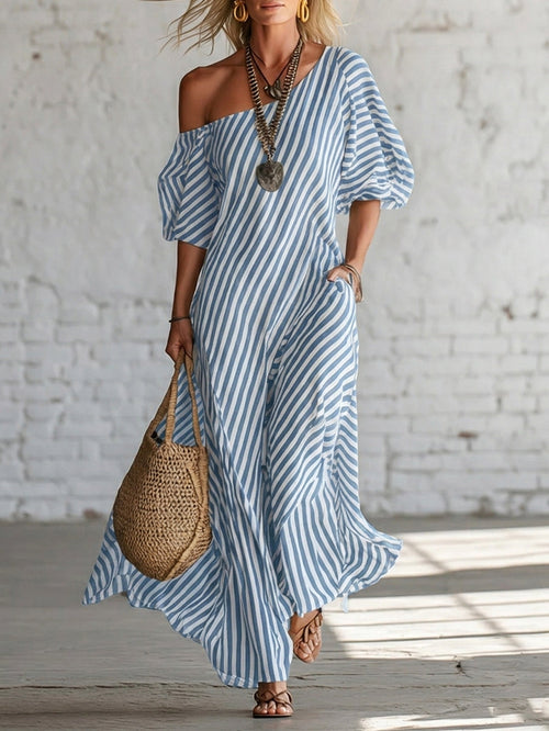 Elegant and Classic Striped Off-Shoulder Maxi Dress