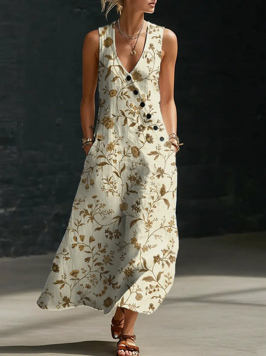 Floral Pattern Art Print Casual Cotton Linen Dress