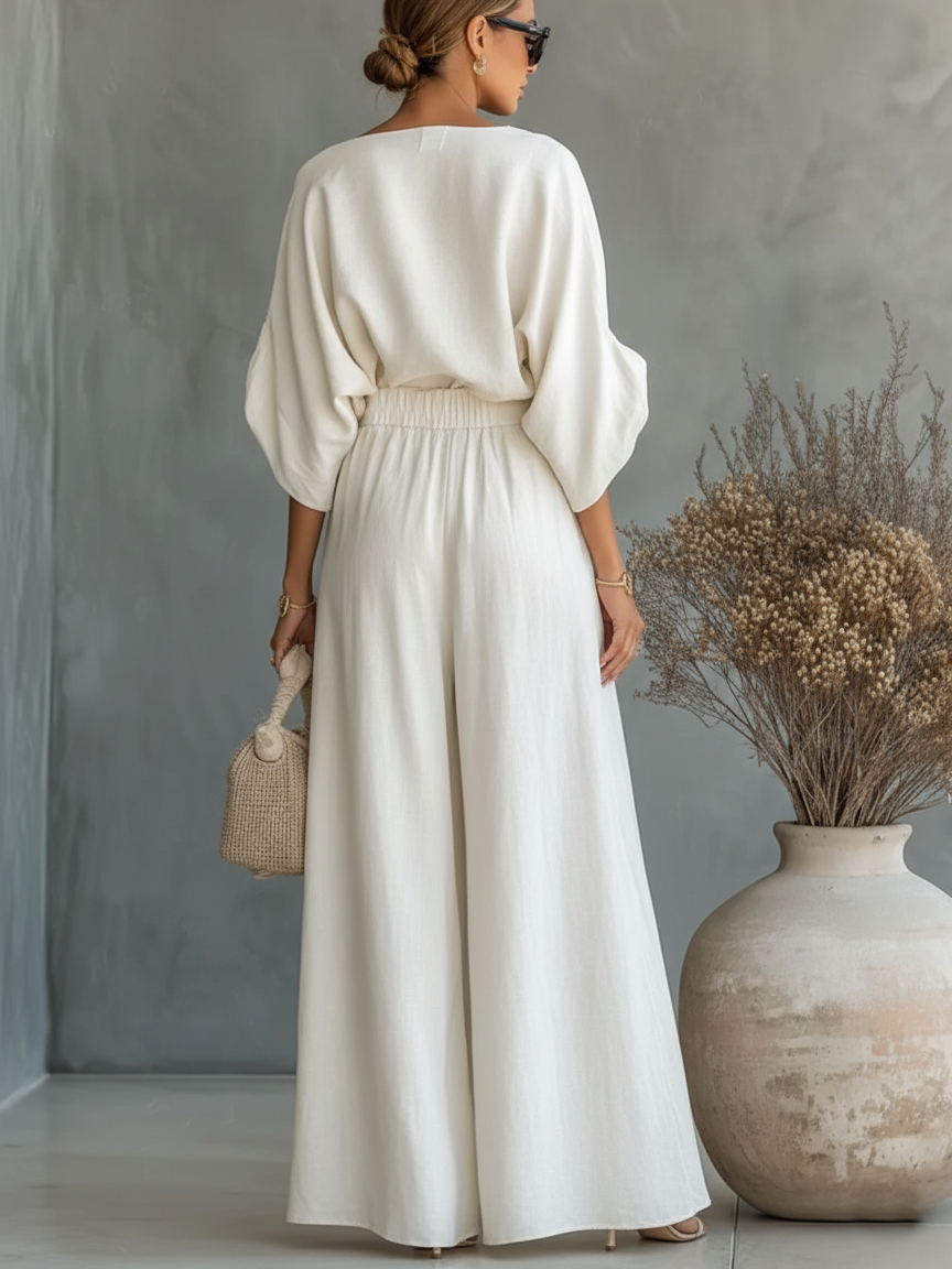 Elegant Off-the-Shoulder Shirt and Wide-Leg Pants Two-Piece Set