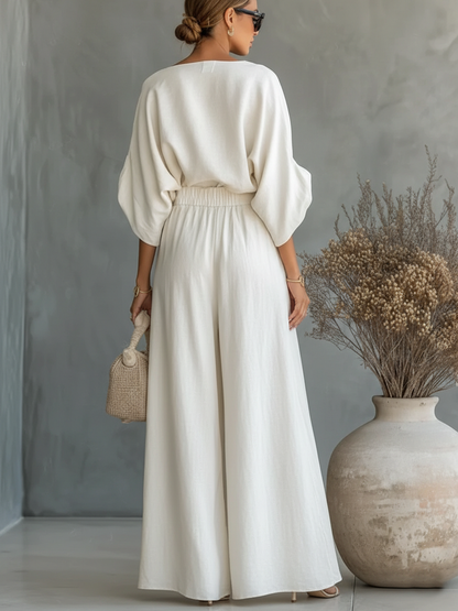 Elegant Off-the-Shoulder Shirt and Wide-Leg Pants Two-Piece Set