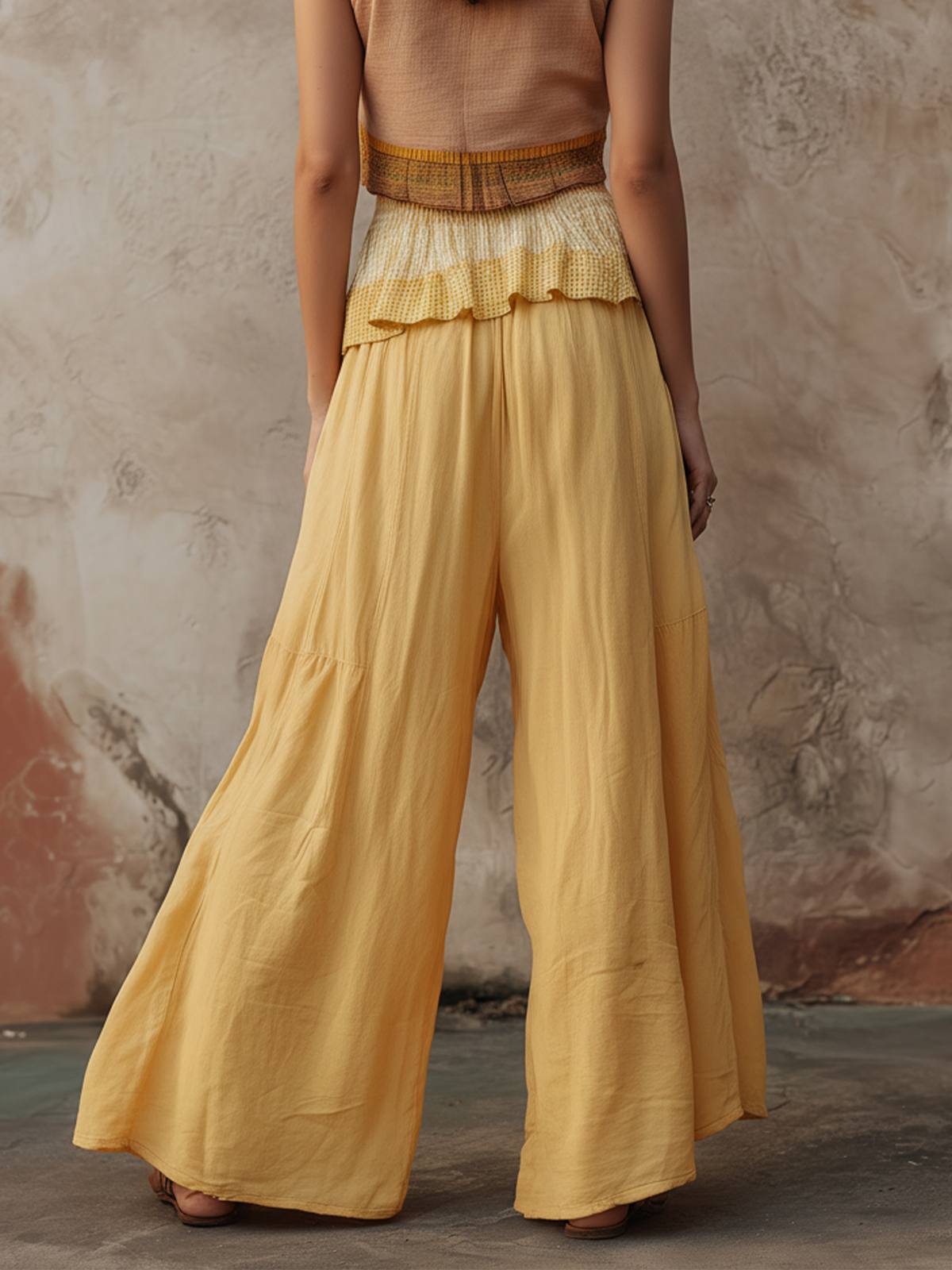 Yellow High Waist Ruffle Trim Wide-Leg Pants