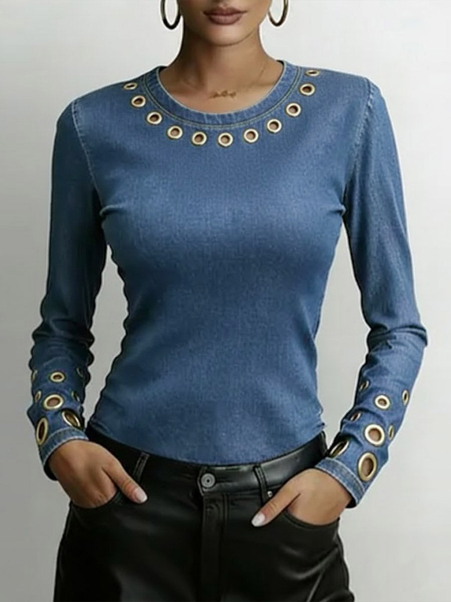 Round Neck Long-Sleeve Faux Denim Stretch Casual Loose Denim Top