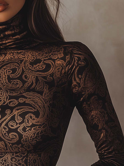 Retro Turtleneck Paisley Long-Sleeve T-Shirt