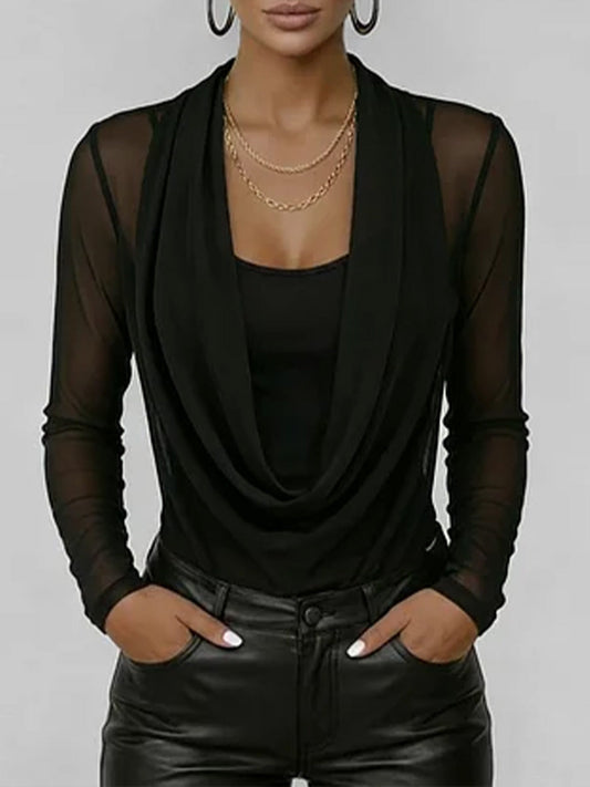 Swing Neck Long-Sleeved Casual Loose-Fitting Sheer Mesh Top