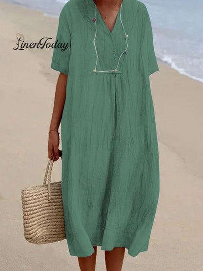 Solid Color Cotton and Linen Short-Sleeve Dress