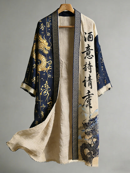 Japanese Calligraphy and Dragon Art Combined in a Linen Blend Kimono