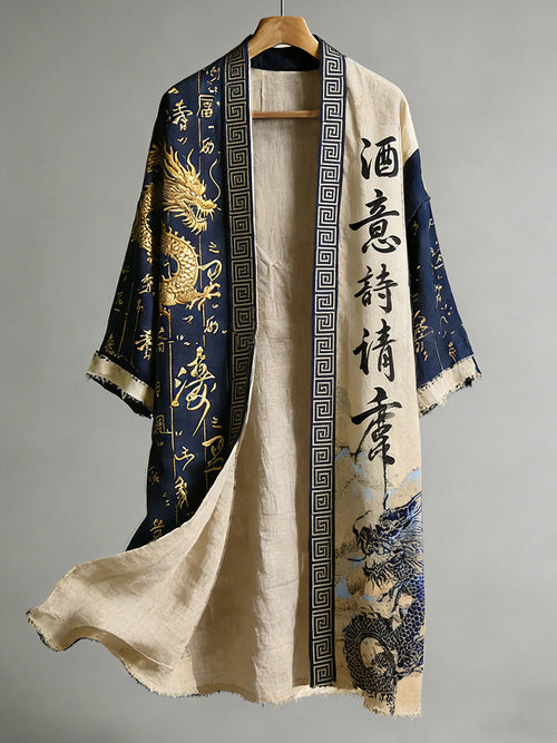 Japanese Calligraphy and Dragon Art Combined in a Linen Blend Kimono