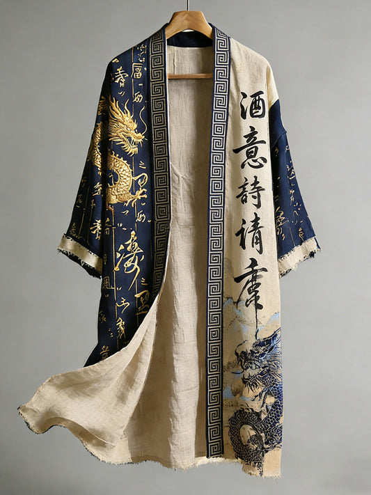 Japanese Calligraphy and Dragon Art Combined in a Linen Blend Kimono