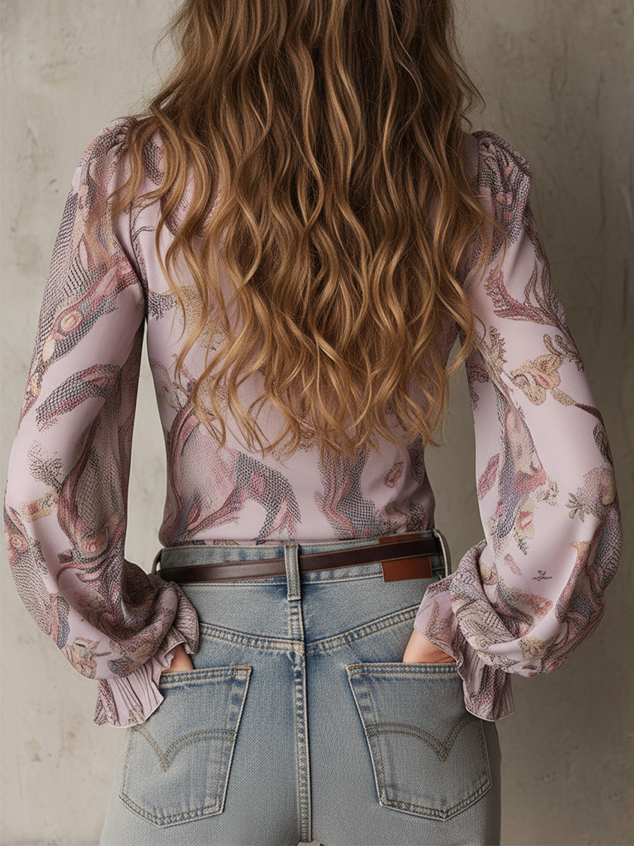 Vintage-Style Snake Print Satin Blouse with Ruffles