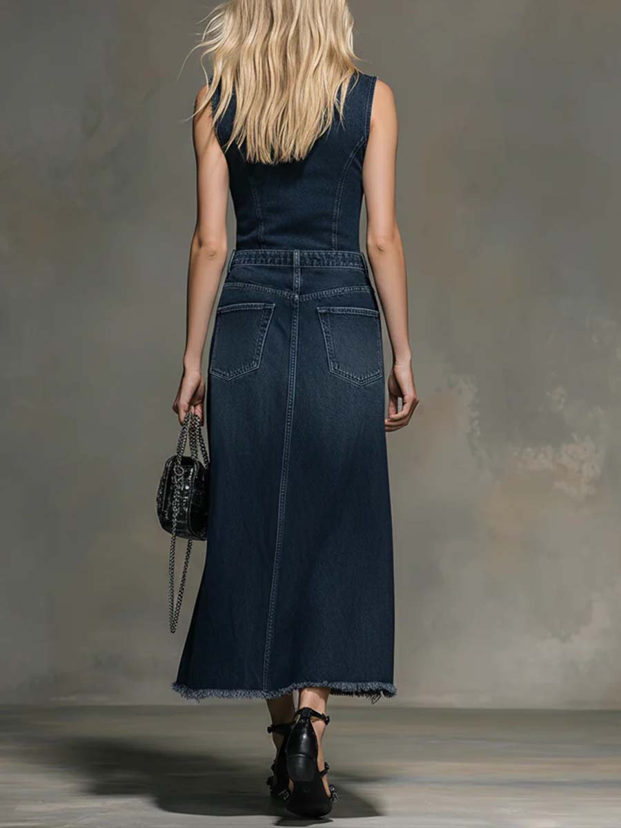 V-Neck Sleeveless Denim Top and High-Waisted Casual Loose Denim Skirt Set